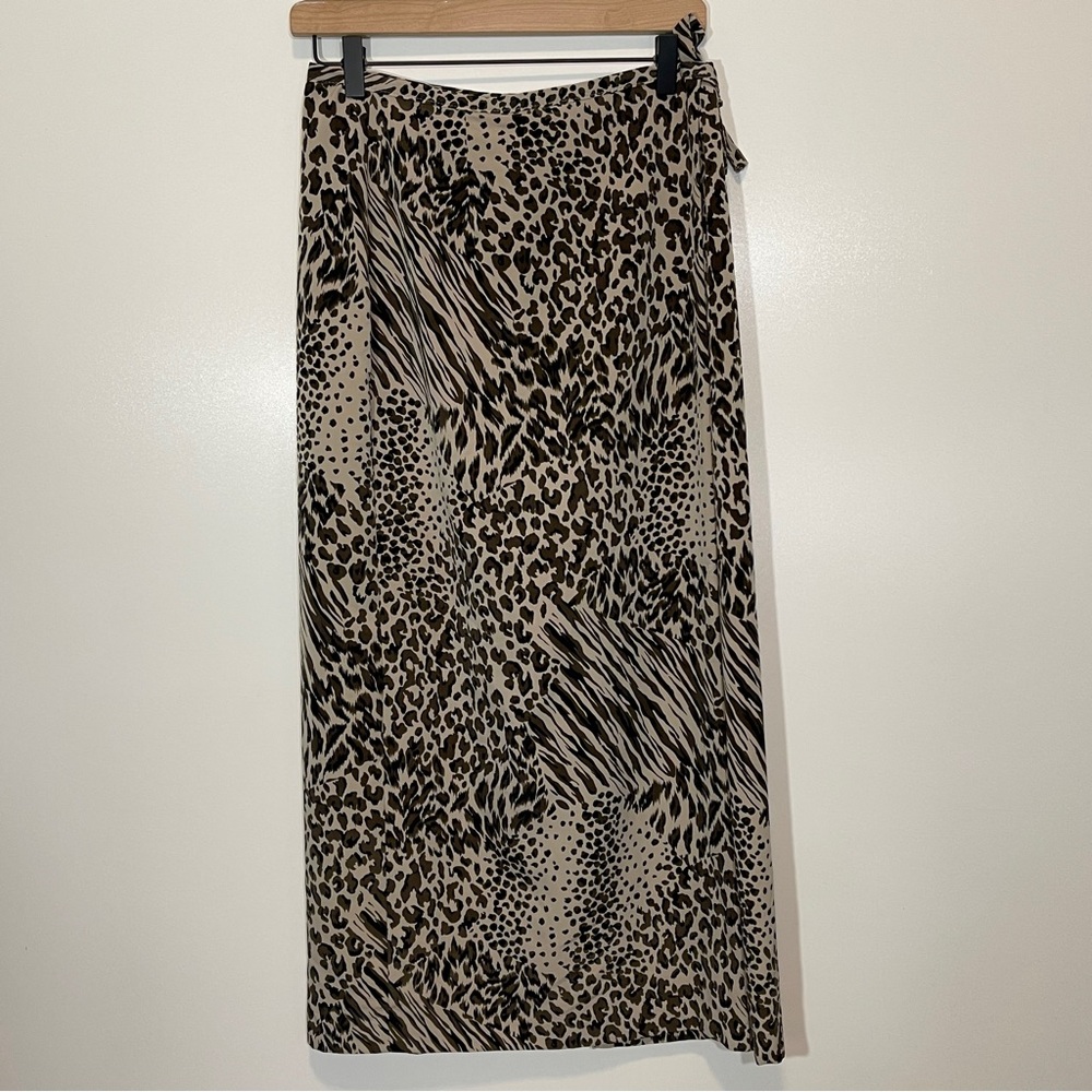 Vintage 90s Animal Print Maxi Faux Wrap Skirt Size 10